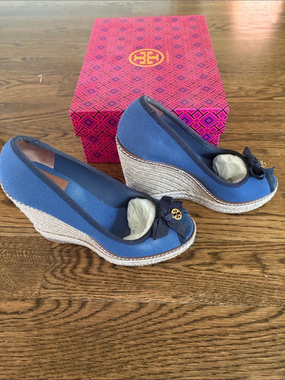Tory Burch Navy Canvas Espadrille Wedge with Bow and Gold Logo